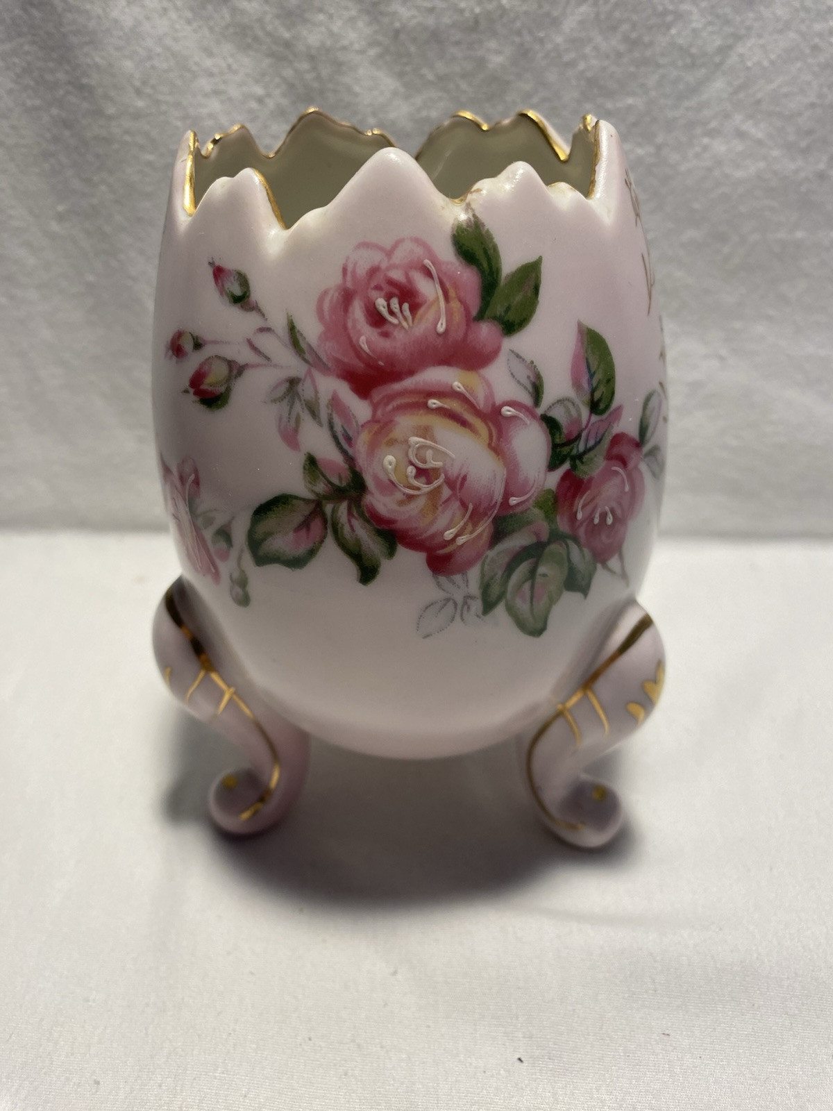 Vintage Napcoware Pink Floral Footed Cracked Egg Vase Handpainted Enamel
