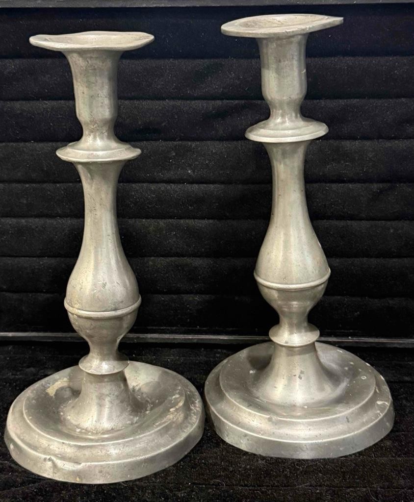 Pair of Antique Pewter Candlesticks, American or English, c. 19th Century
