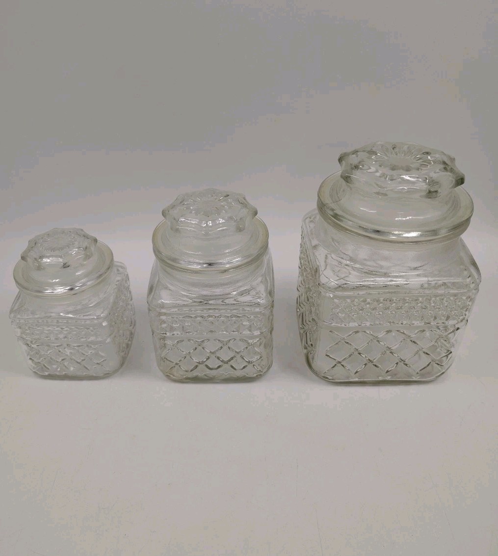 3 Vintage Wexford Anchor Hocking Glass Airtight Jars Canisters Diamond Point 