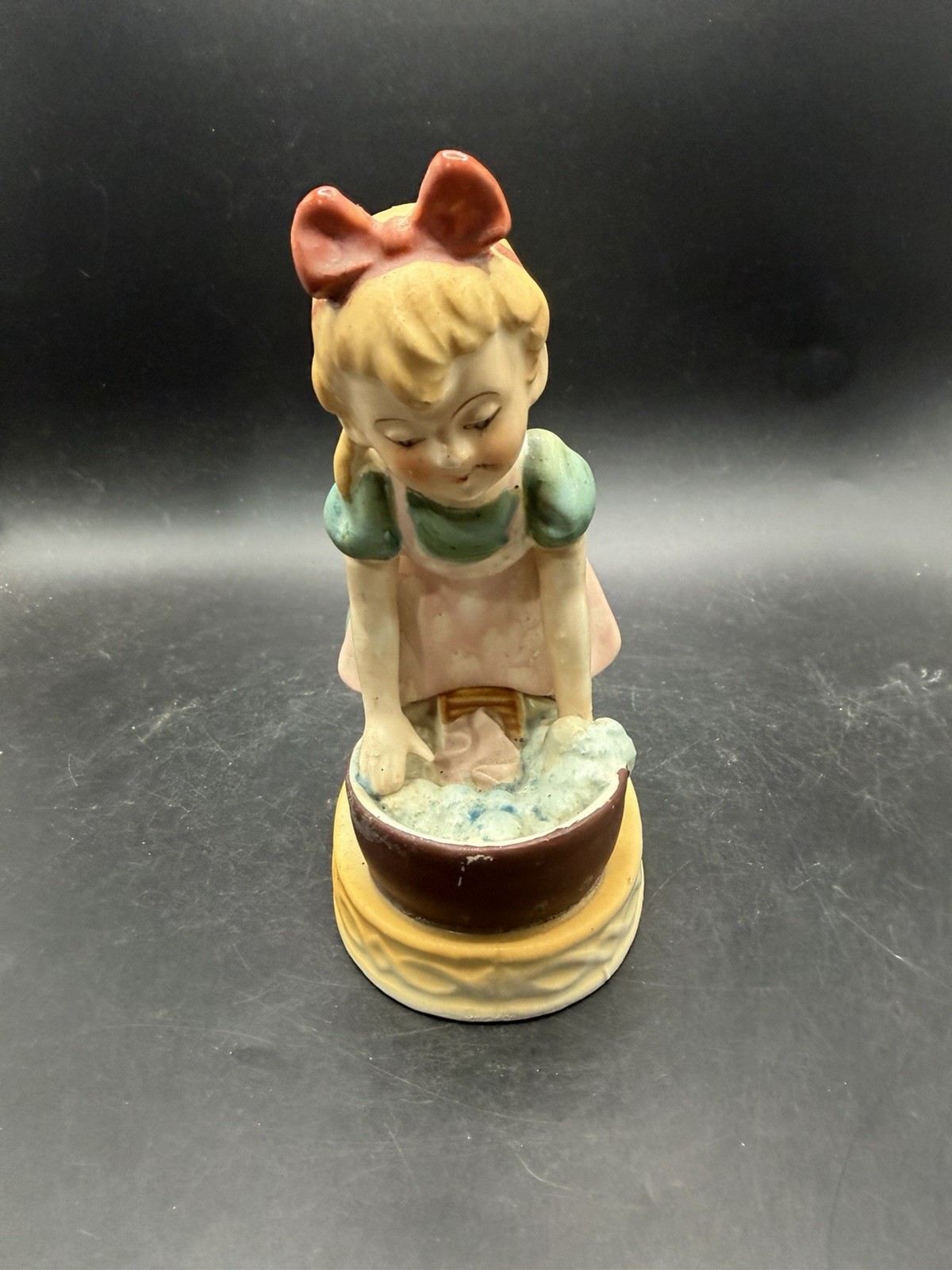 Vintage Hand Painted Porcelain Figurine Girl Washing Clothes Japan Hummel Style 