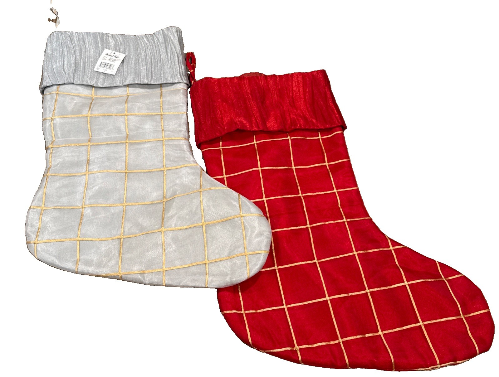 VTG Marshall Fields Christmas Stockings Lot 2 Red White Satin Grid NWT/NWOT