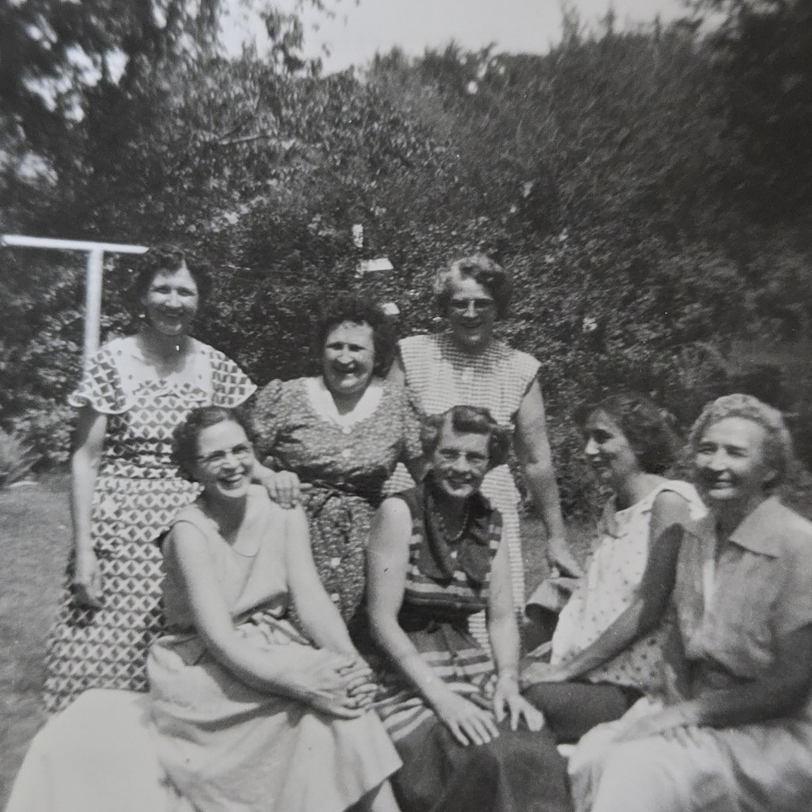 Vintage B&W Photo Snapshot of Group of Smiling & Laughing Women Outside