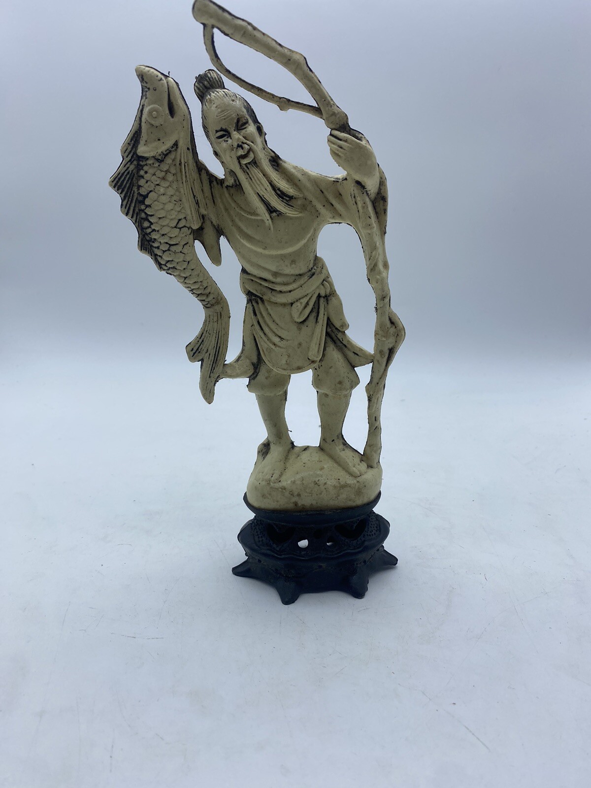Vintage Oriental Fisherman Figurine made in Hong Kong 4” X 10” Tall