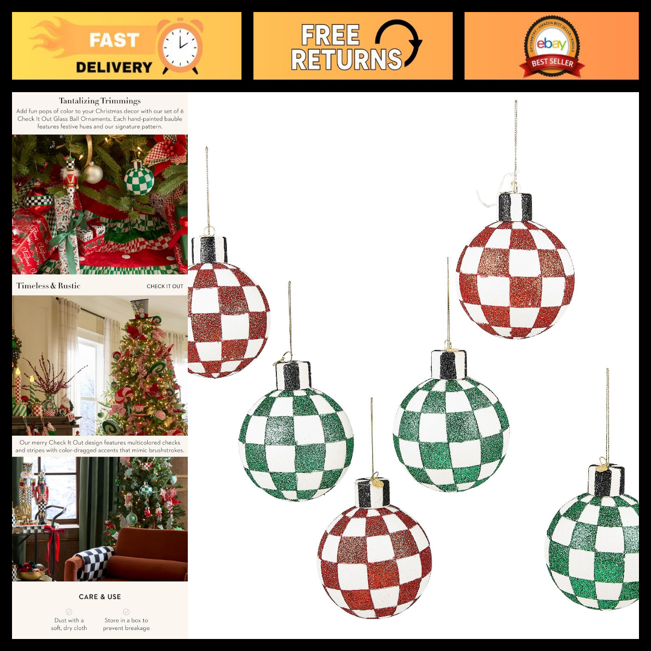 Set of 6 Glass Christmas Ornaments, Festive Tree Decorations, Holiday Decor