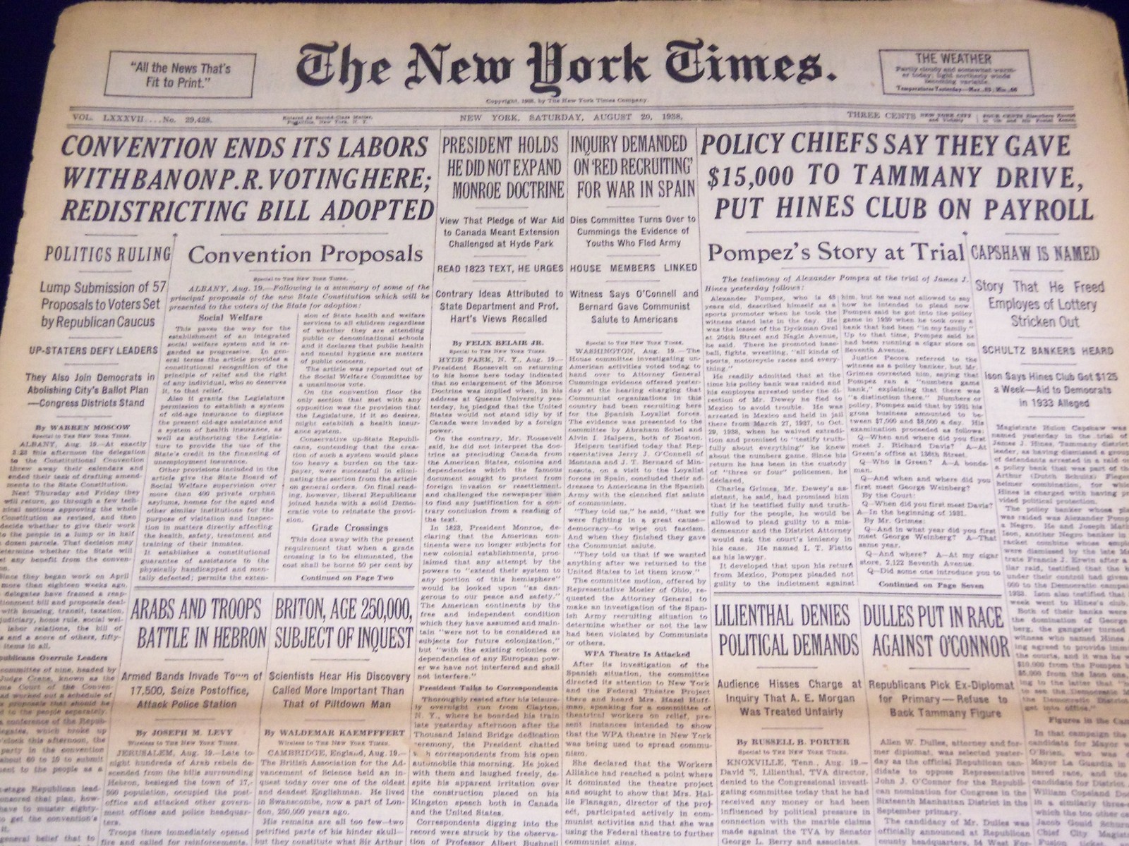 1938 AUGUST 20 NEW YORK TIMES - POMPEZ\'S STORY AT TRIAL - NT 2473 1938 AUGUST 20 NEW YORK TIMES - POMPEZ\'S STORY AT TRIAL - NT 2473