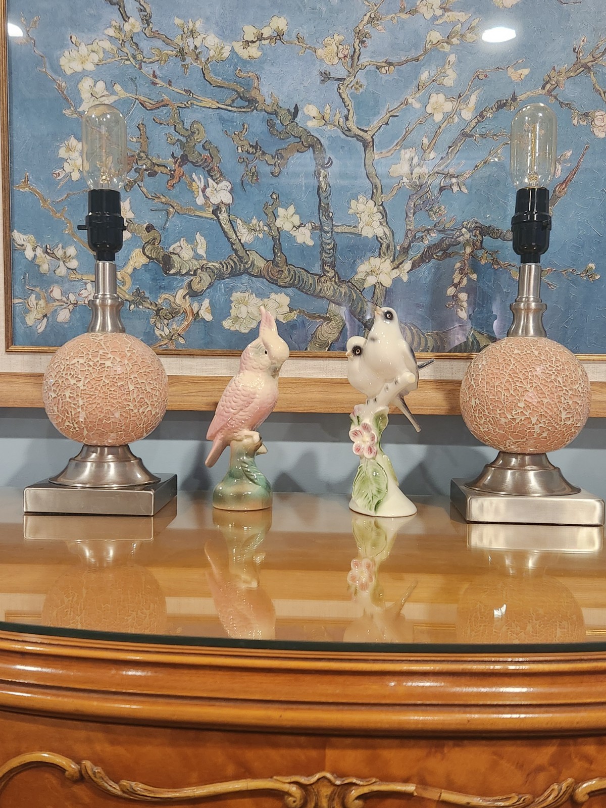 Pair MCM Pink Mosaic Glass Crackle Ball Boudoir Lamps