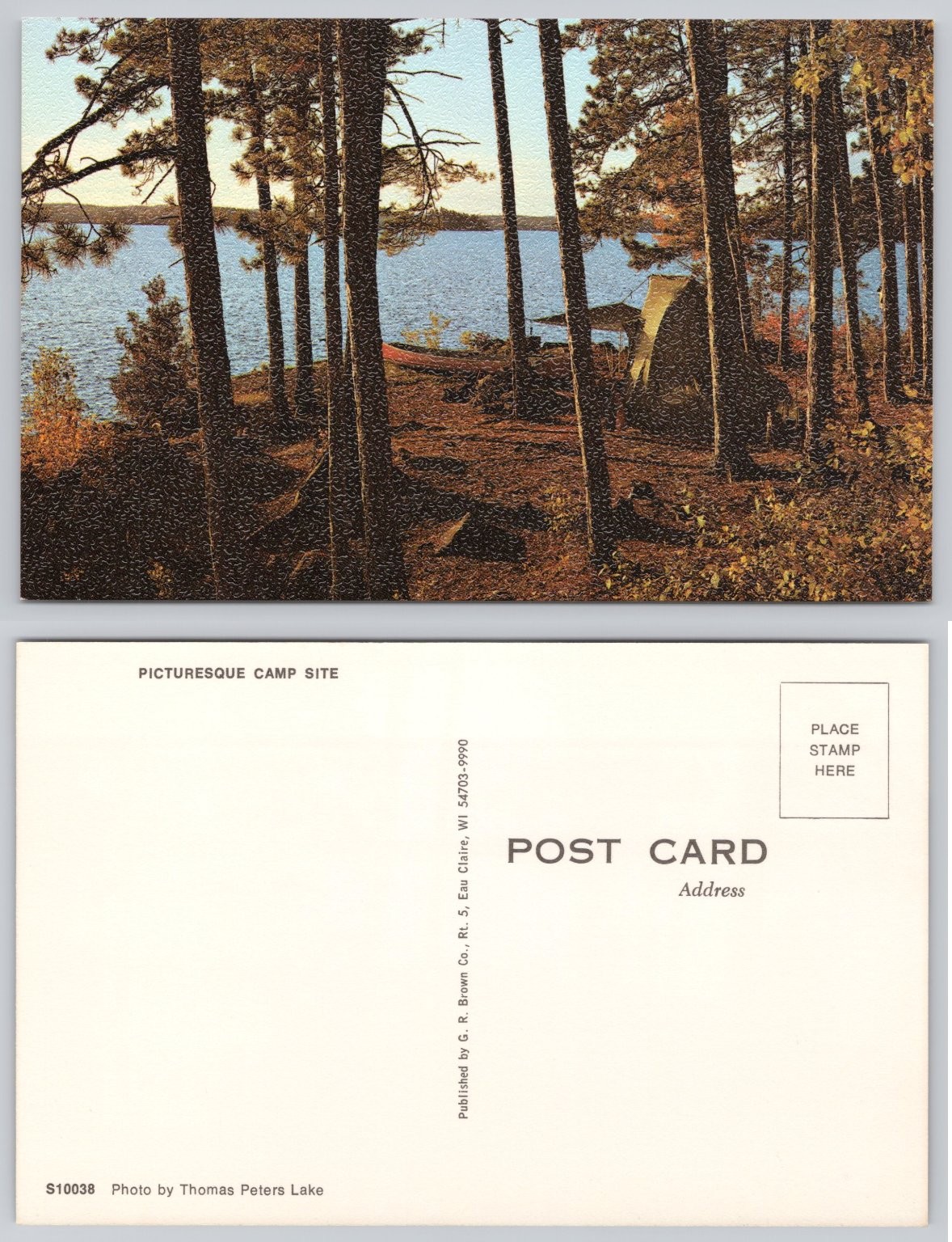 Picturesque Camp Site Eau Claire WI Postcard Pine Trees Canoe Tent Lake