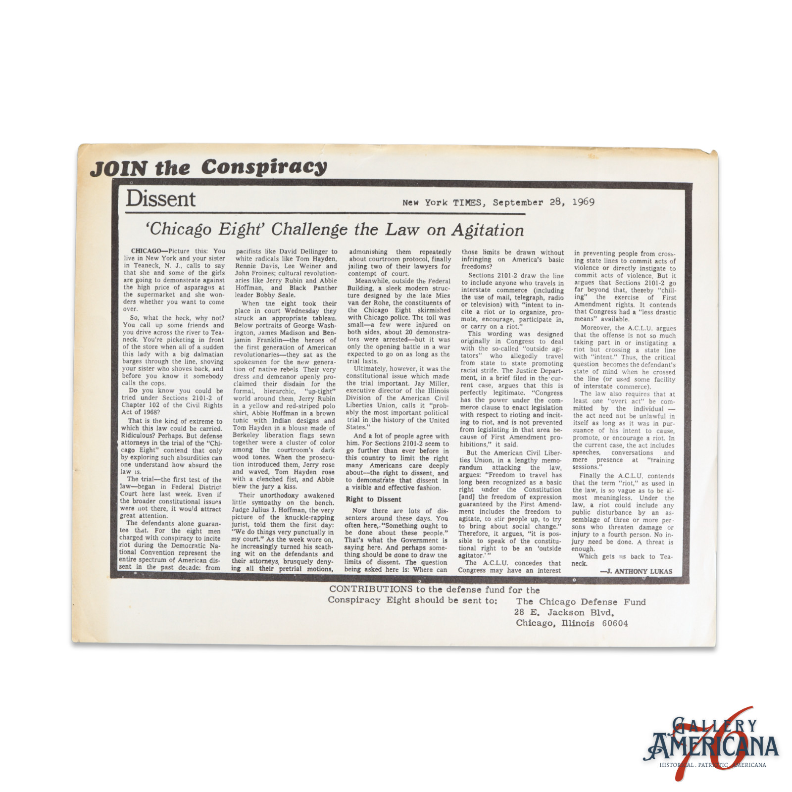 1969 Chicago Eight “Join the Conspiracy” Defense Fund Handbill Anti War