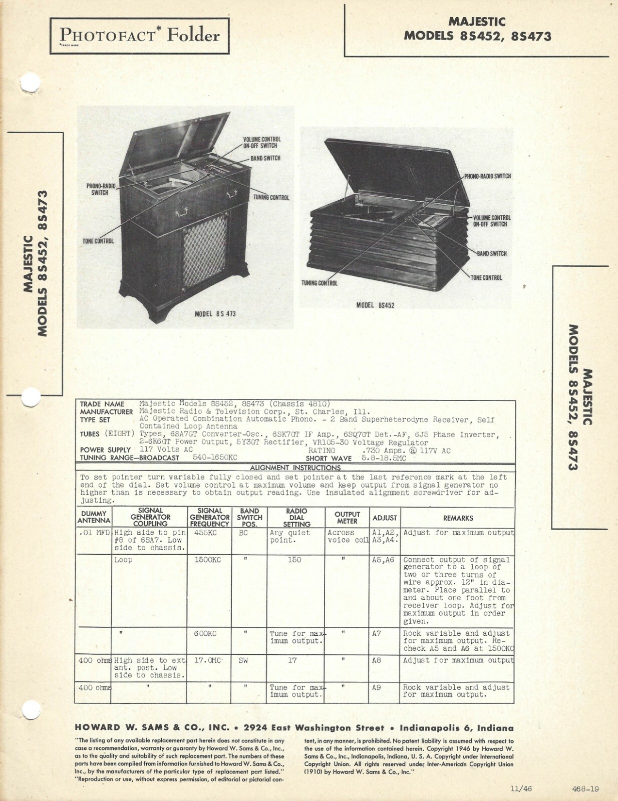 Sams Photofact Folder Radio Parts Manual Schematic MAJESTIC Models 8S452 8S473