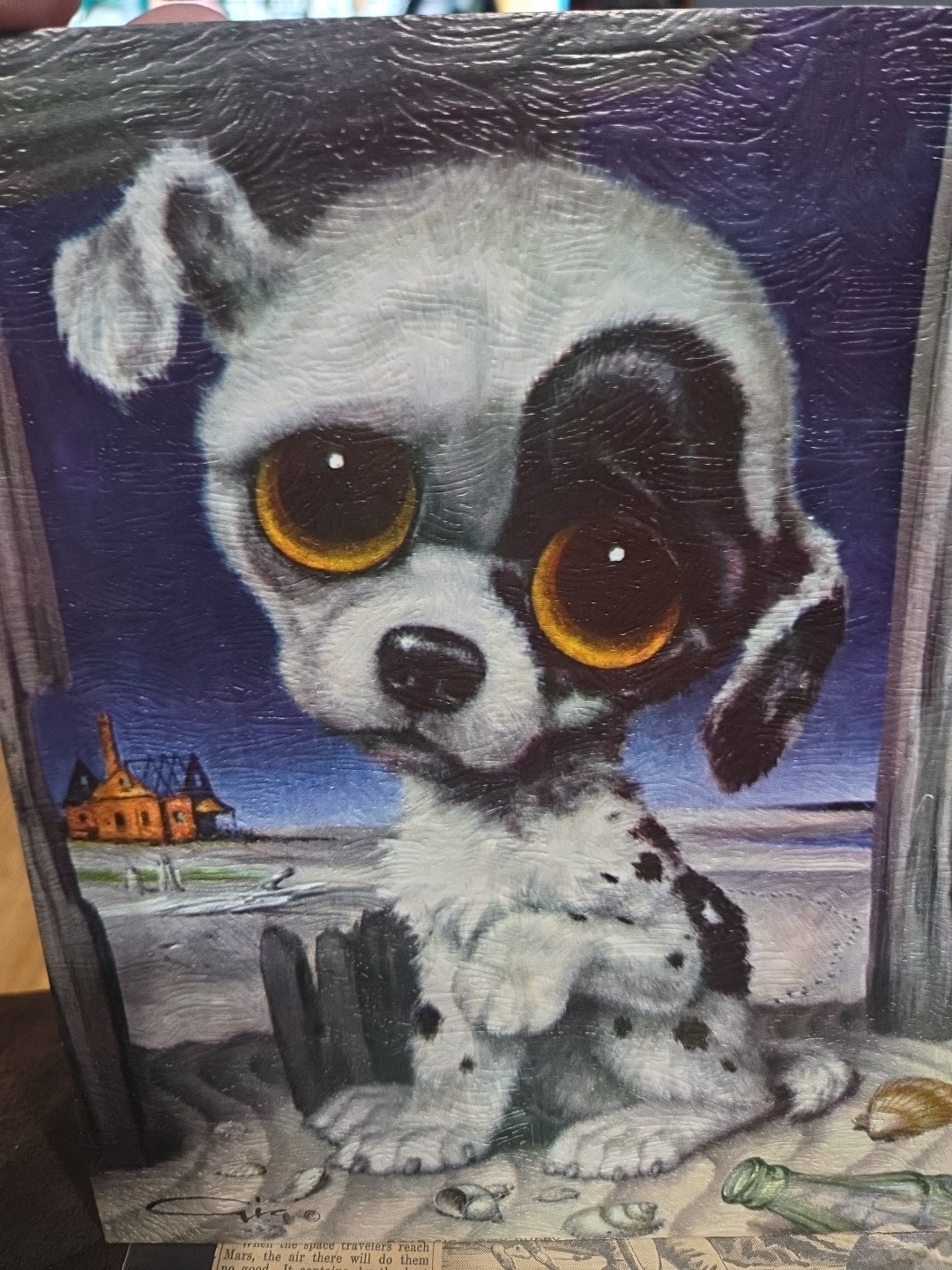 Vintage Gia Sad Eye Puppy Beach Scene Lithograph Print on Cardboard 6\