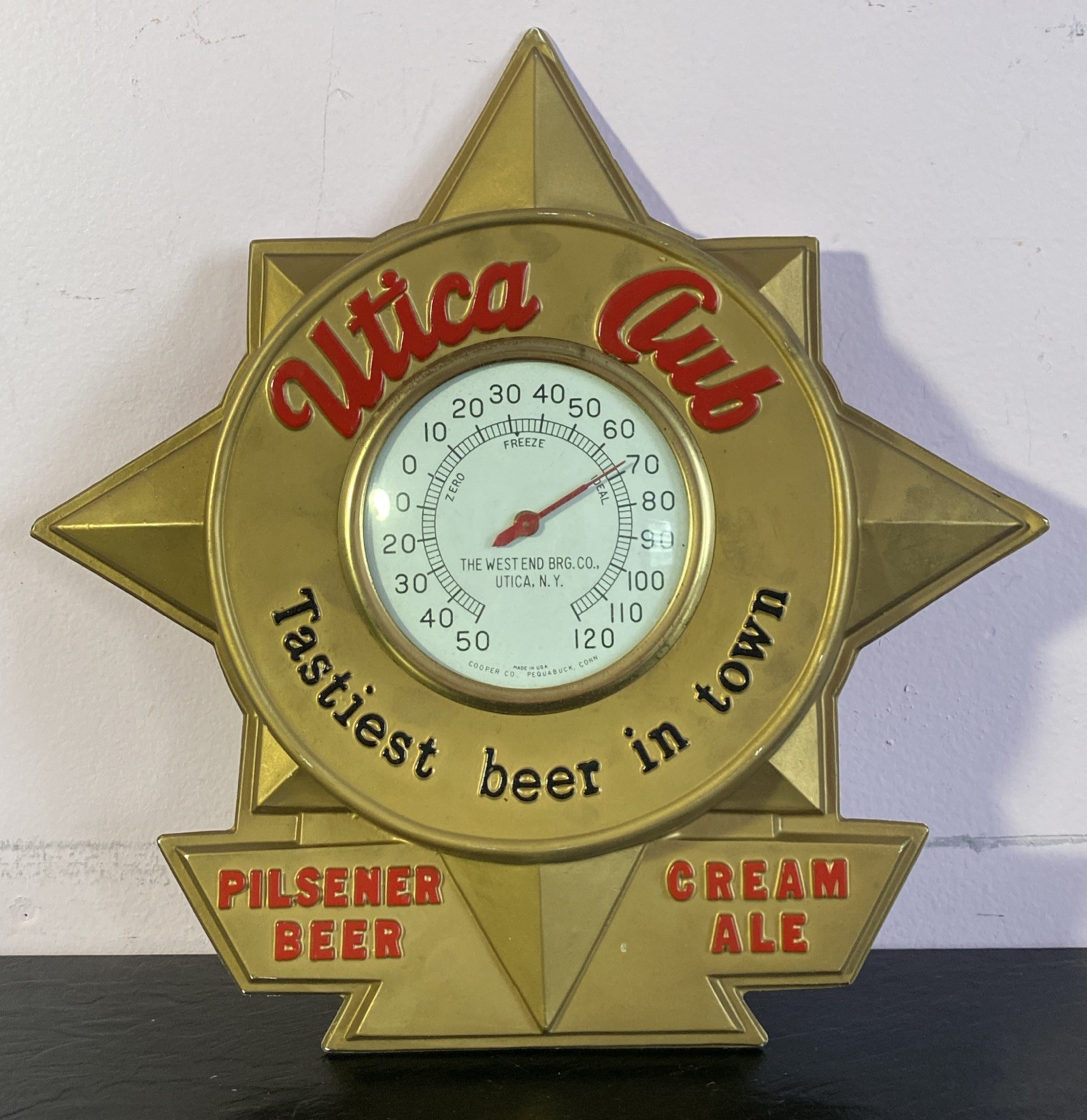 Vintage Utica Club Pilsener Beer Cream Ale Thermometer Plastic Sign