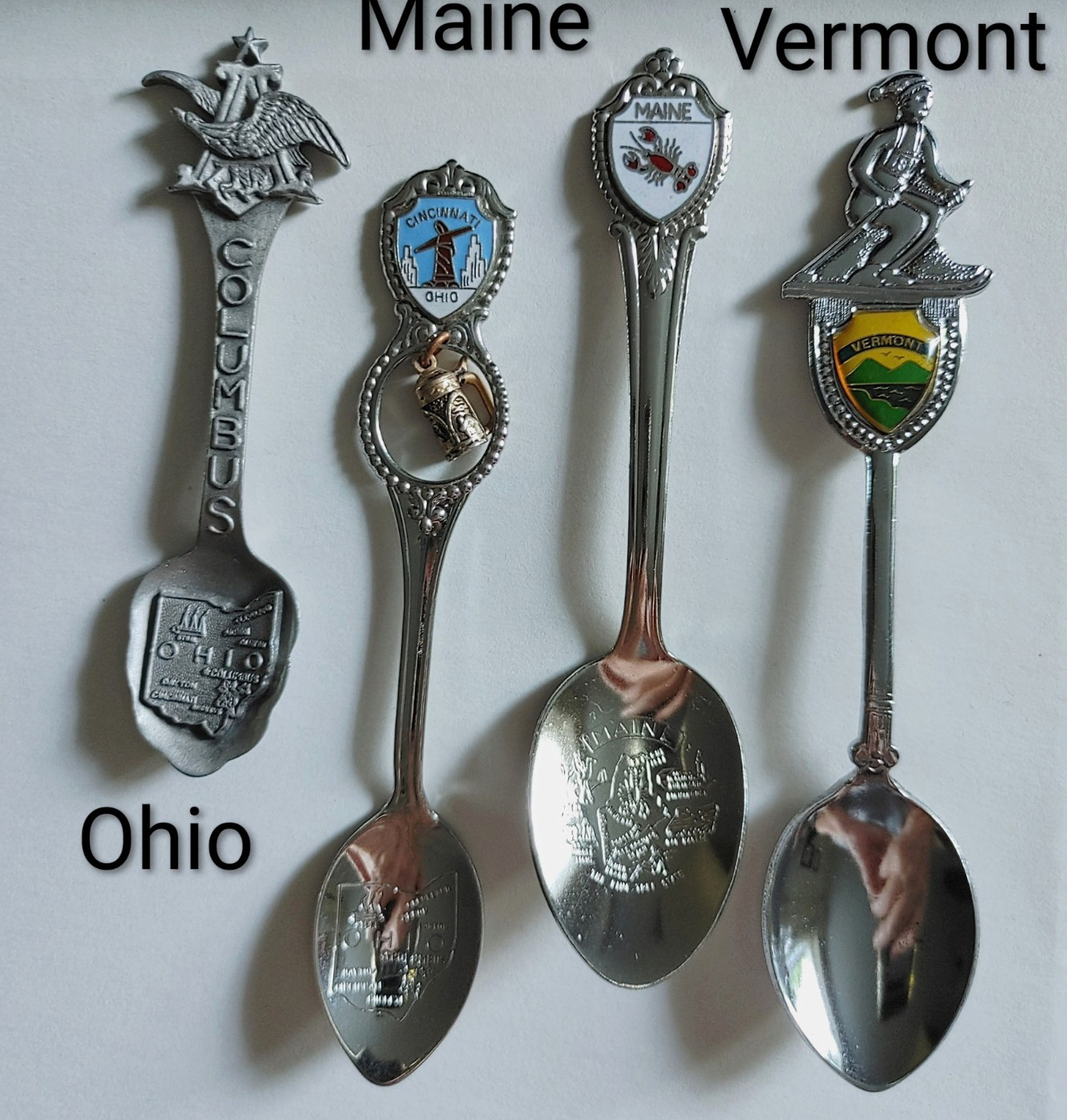 Souvenir Spoons Lot of 4 Silver Metal: Ohio Columbus & Cincinnati Maine Vermont