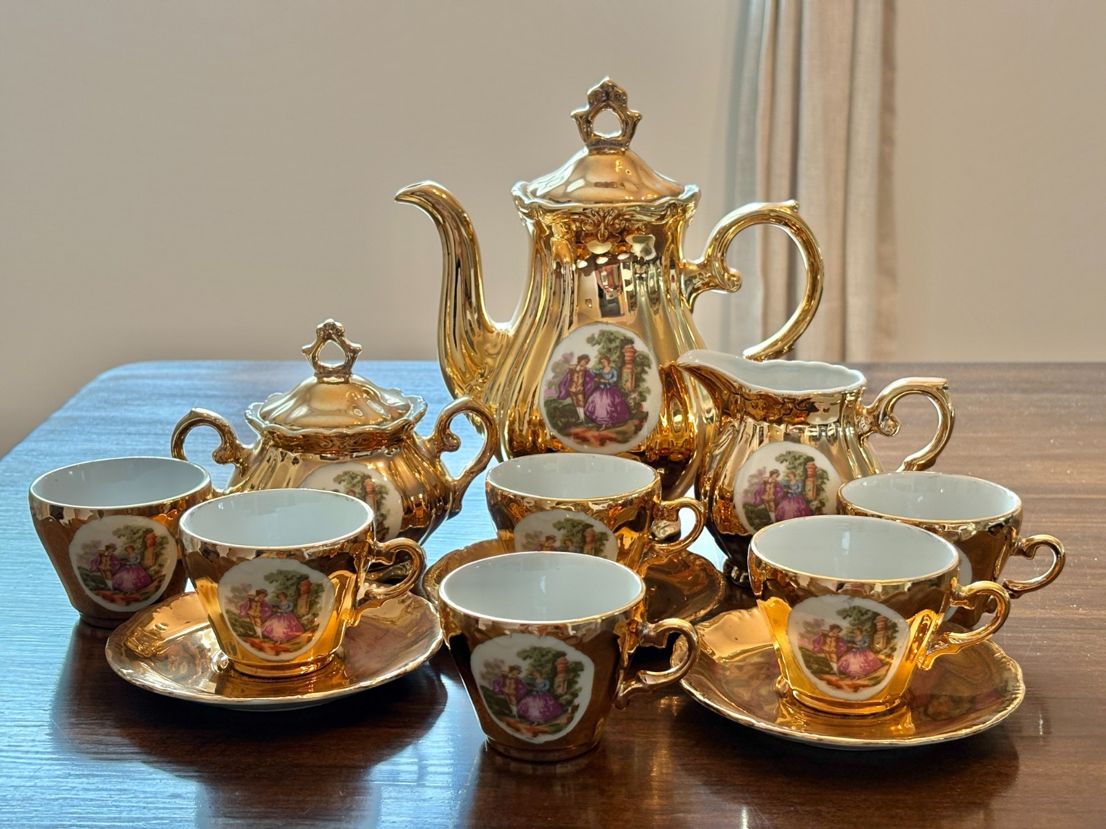 Vintage Bavaria Germany 24K Gold Tea Set Fragonard Courting Couple 12 Pc