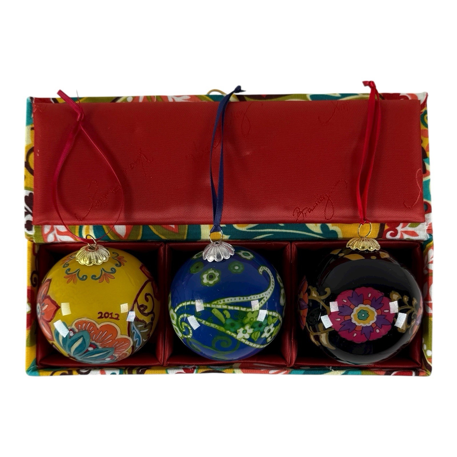 Vera Bradley 2011-2012 Glass Christmas Ornaments In Fabric Box 3 Assorted Styles