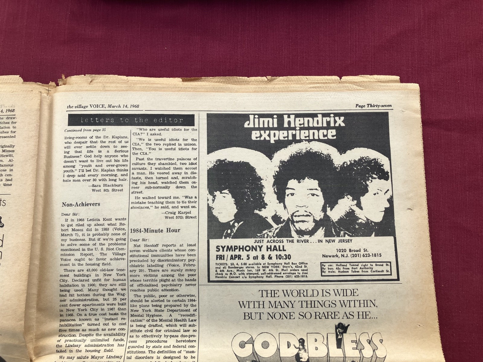 Village Voice 3/14 68 Jimi Hendrix (Two Ads) The Doors Jim Morrison Andy Warhol