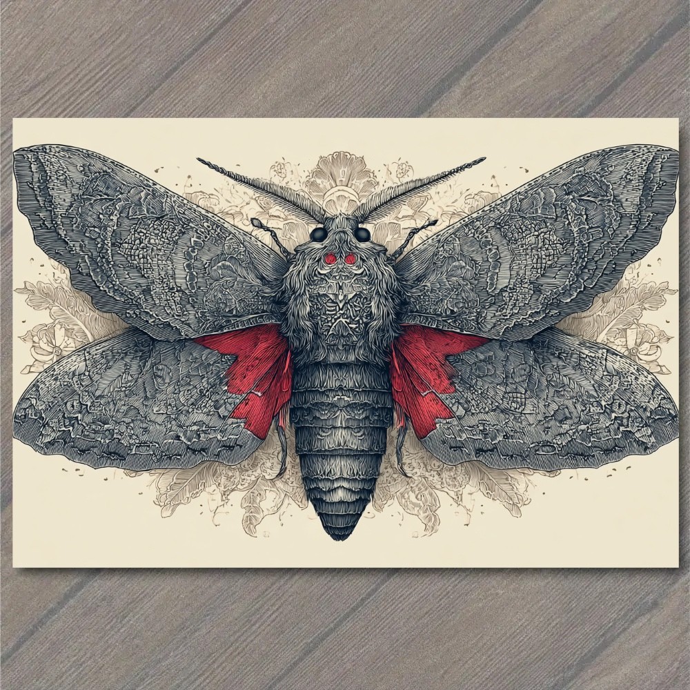POSTCARD Gothic Moth Red Wings Ornate Lunar Nocturne Occult Insect Macabre