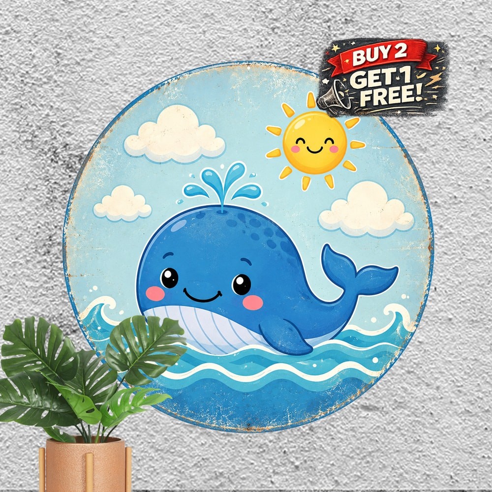 Smiling Blue Whale Cartoon Round Metal Sign Cute Ocean Nursery Wall Plaque