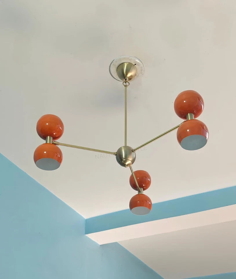 Mid-Century 3-Arm Brass Sputnik Chandelier – Adjustable Orange Ceiling Fixture