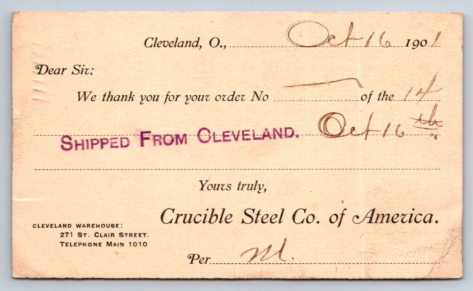 1901 Cleveland OH Crucible Steel Co. Shipping Notice Postal Card Erie PA