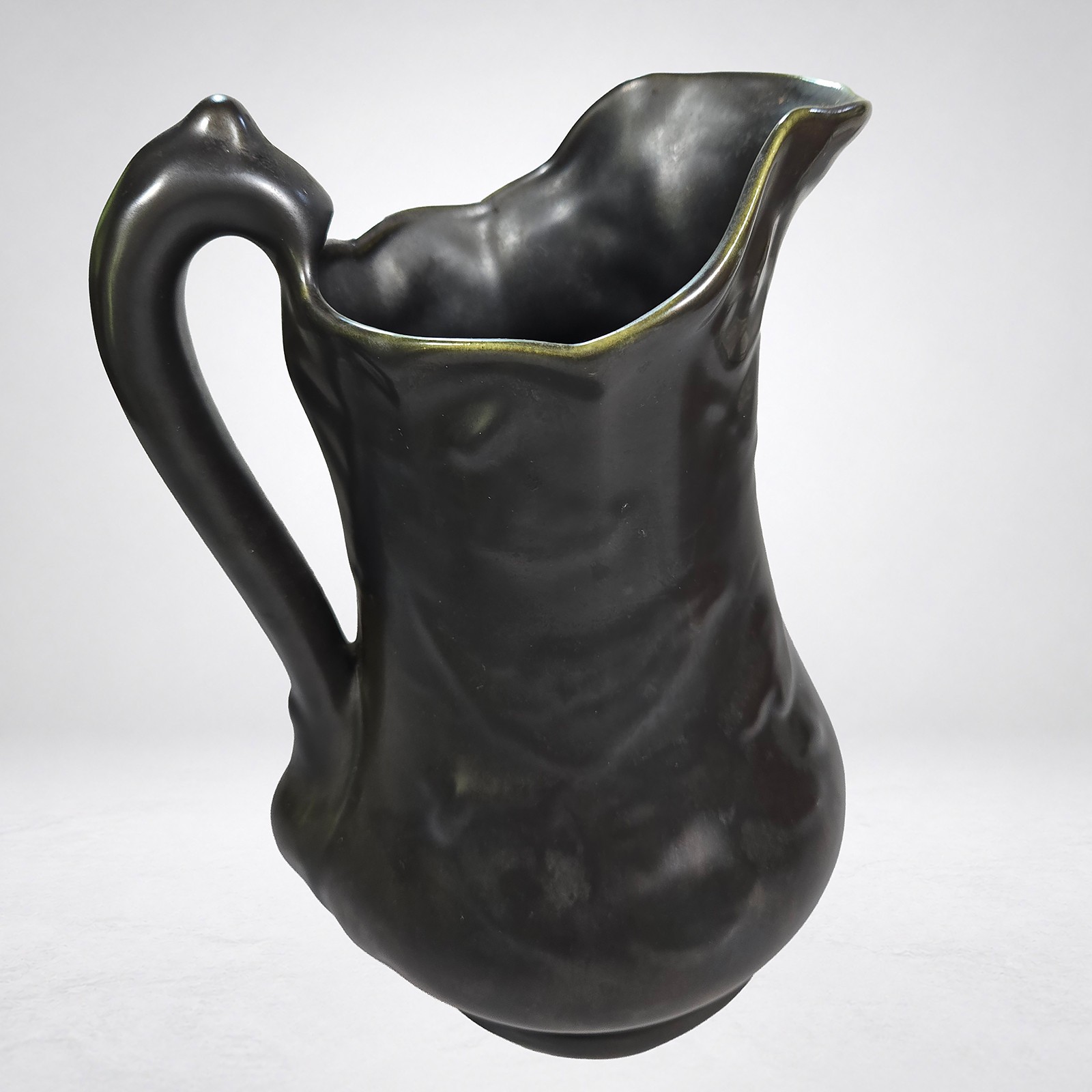 Camark Art Pottery Pitcher Vintage Black Green Luster Glaze Arkansas 11in