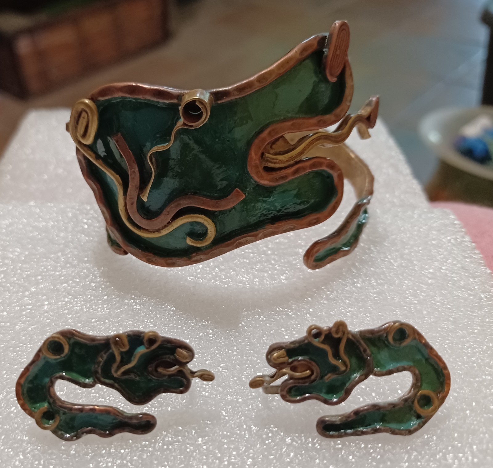 Vintage Aztec Cuff Bracelet ~ Copper ~ Brass ~ Serpent ~ Quetzalcoatl ~ Earrings