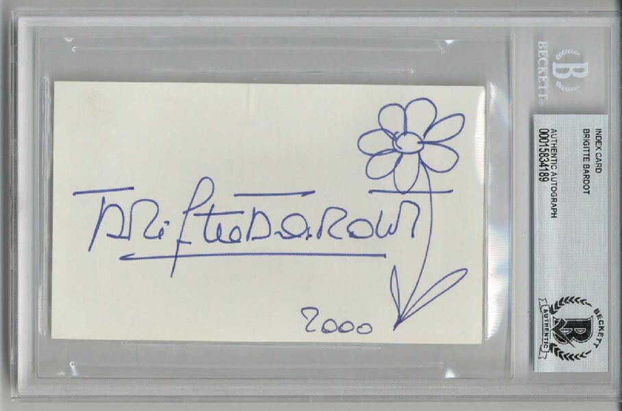 BRIGITTE BARDOT SIGNED AUTOGRAPHED + FLOWER SKETCH 3x5 INDEX CARD BECKETT BAS
