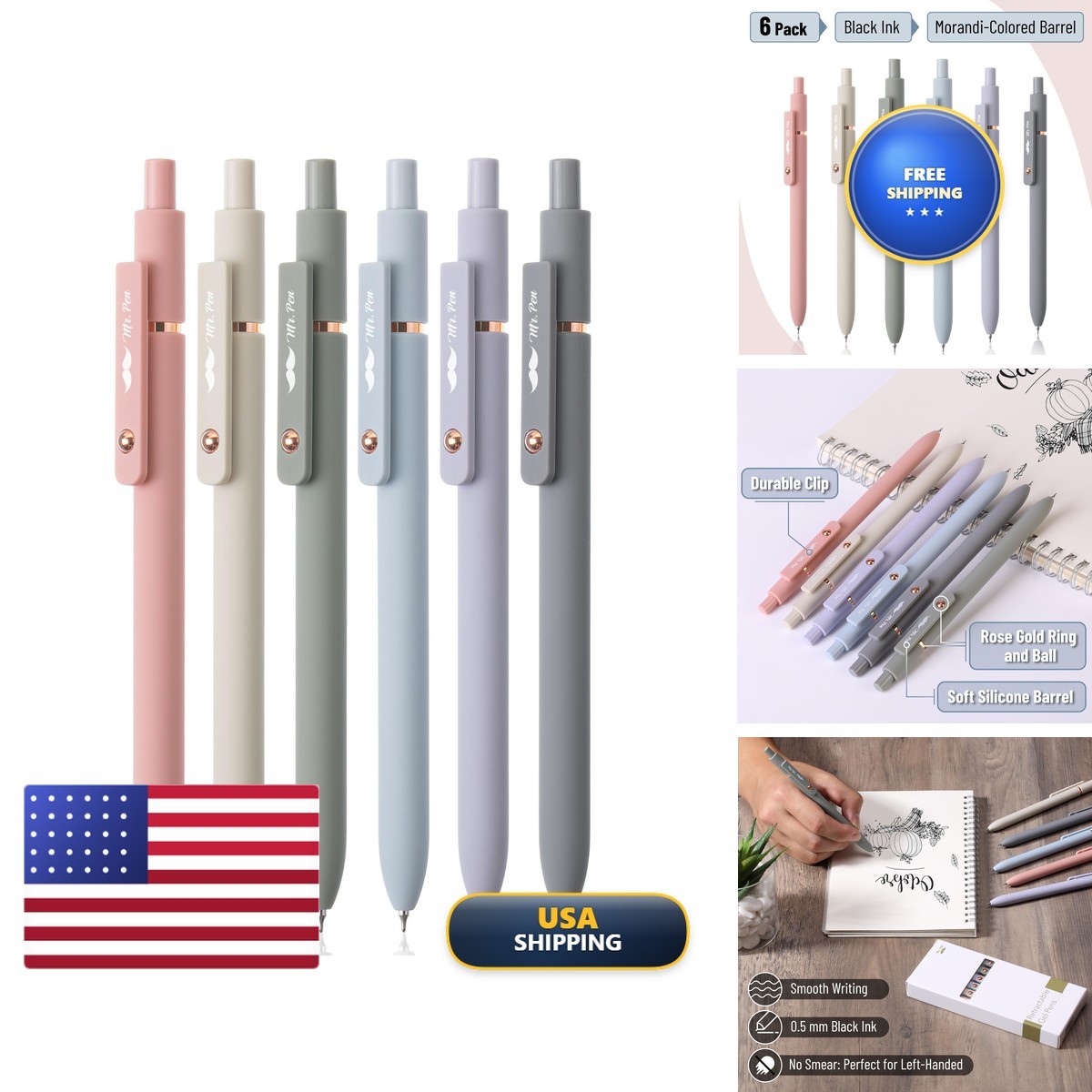 Mr. Pen Retractable Gel Pens Rose Gold Ring and Ball, 6 Pack Mr. Pen Retractable Gel Pens Rose Gold Ring and Ball, 6 Pack