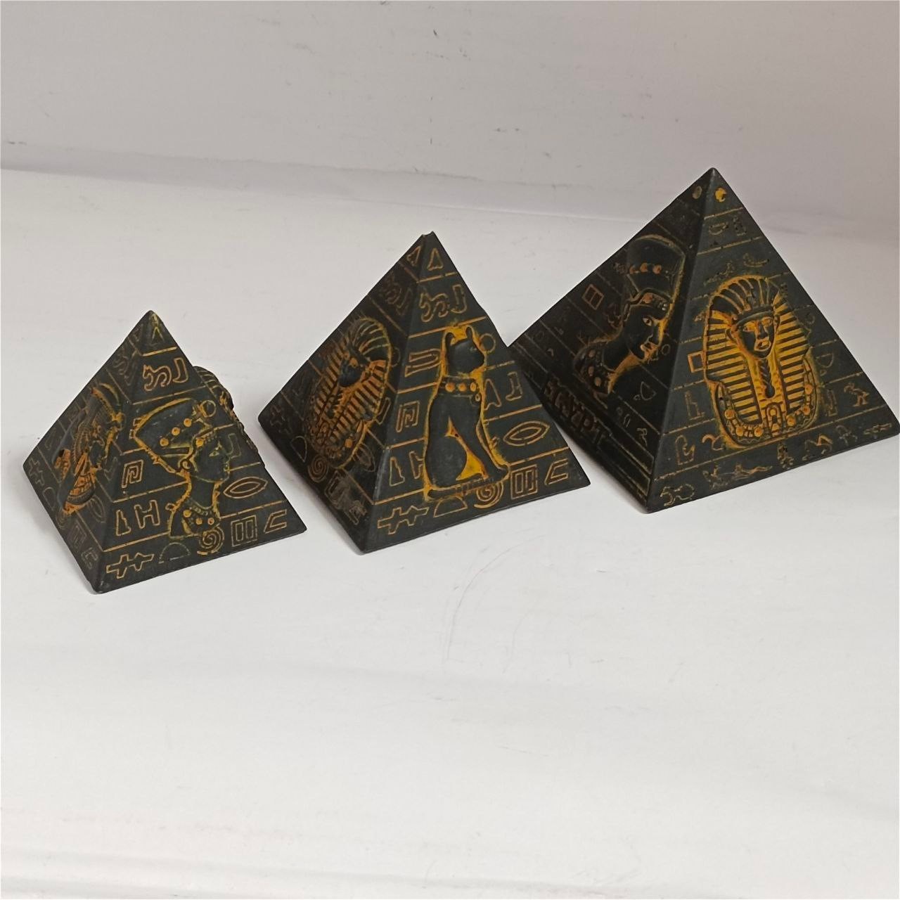 3 Antique Egyptian Pyramids featuring Bastet, Tutankhamun, Cleopatra & Nefertiti