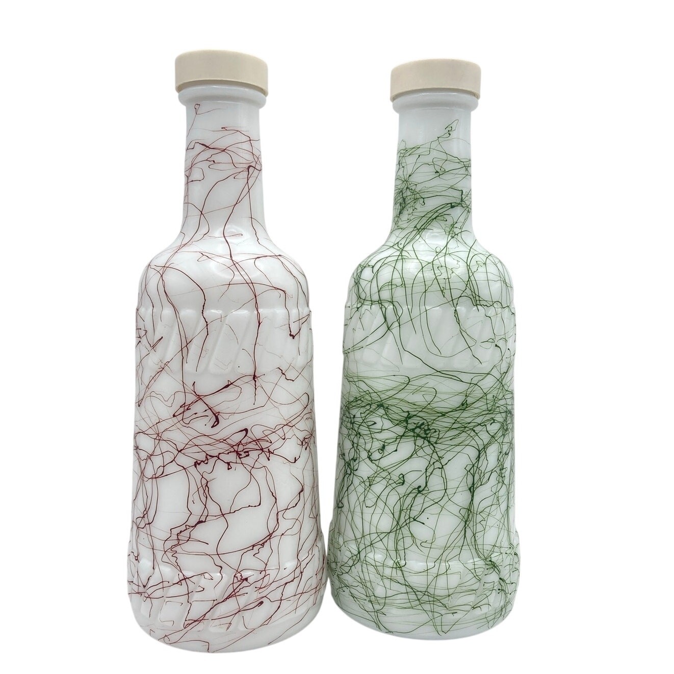 VTG Hazel Atlas Milk Glass Bottles Spaghetti String Red and Green Bottles (2)