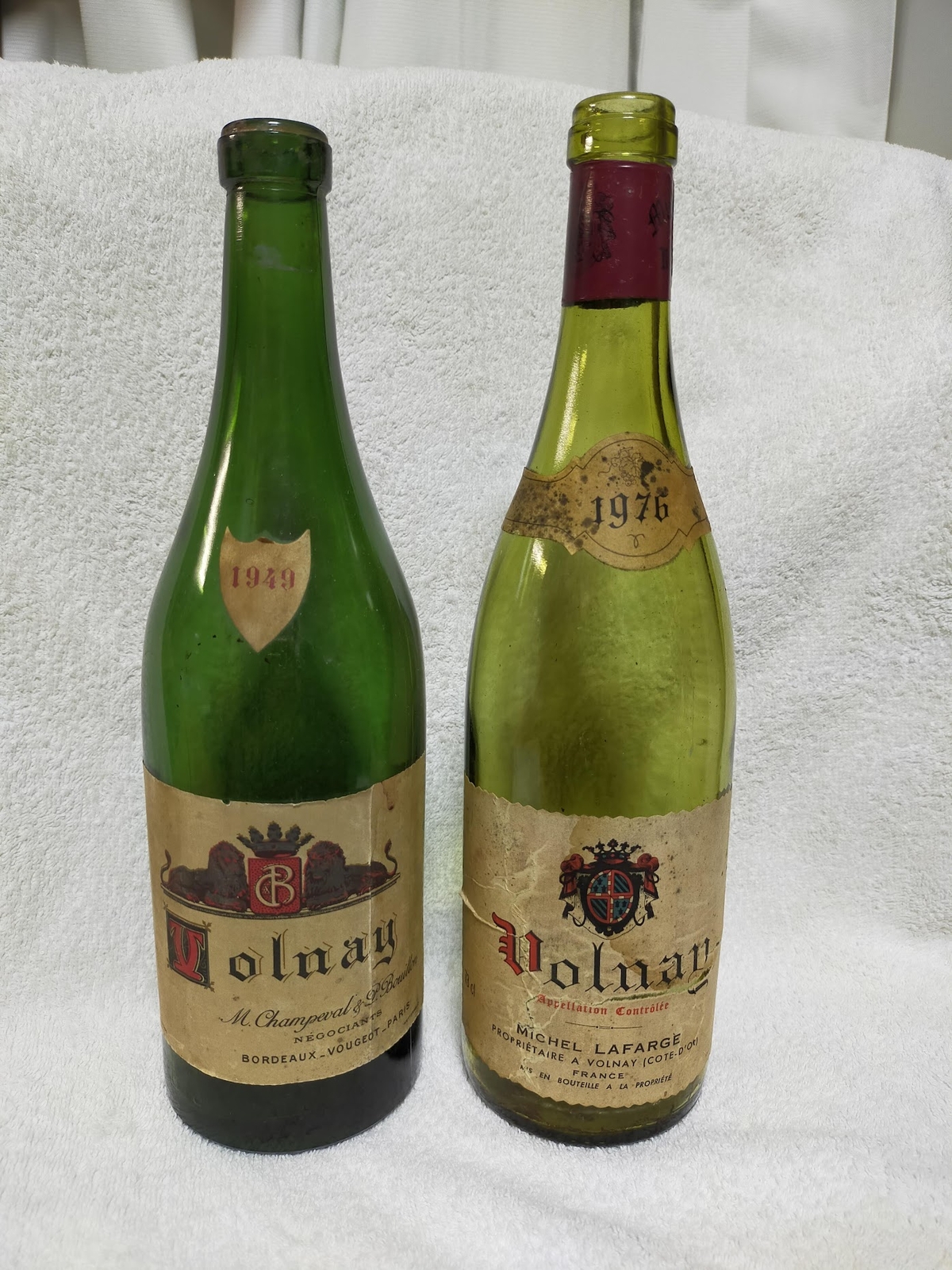 (empty)  1949 1976 Old Vintage VOLNAY Bourgogne Glass Bottles Pair