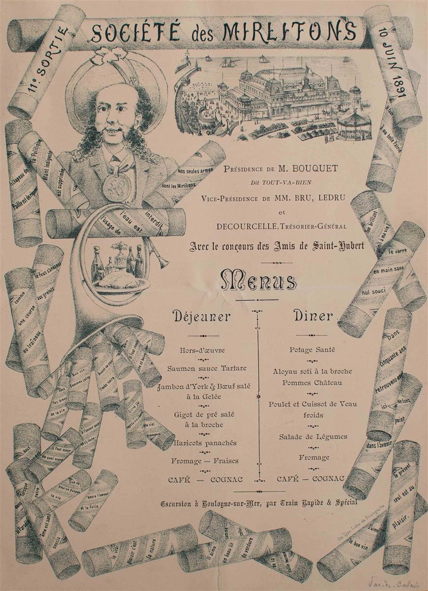 Menu Card Société des Mirlitons Calais Amis de Saint-Hubert 1891