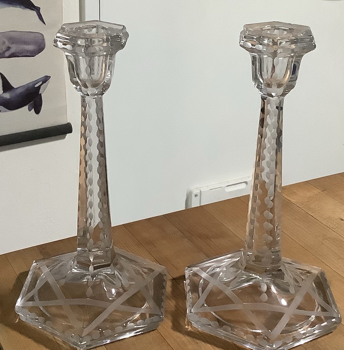 Vintage Gorgeous Set Of 2 Elegant Etched Glass Crystal 9” Candlestick Holders Vintage Gorgeous Set Of 2 Elegant Etched Glass Crystal 9” Candlestick Holders