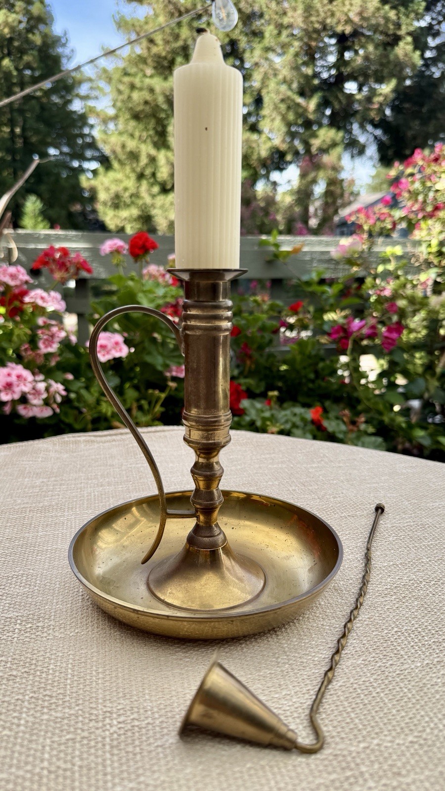 Vintage Solid Brass Chamberstick Candle Holder w/ Twisted Handle Candle Snuffer