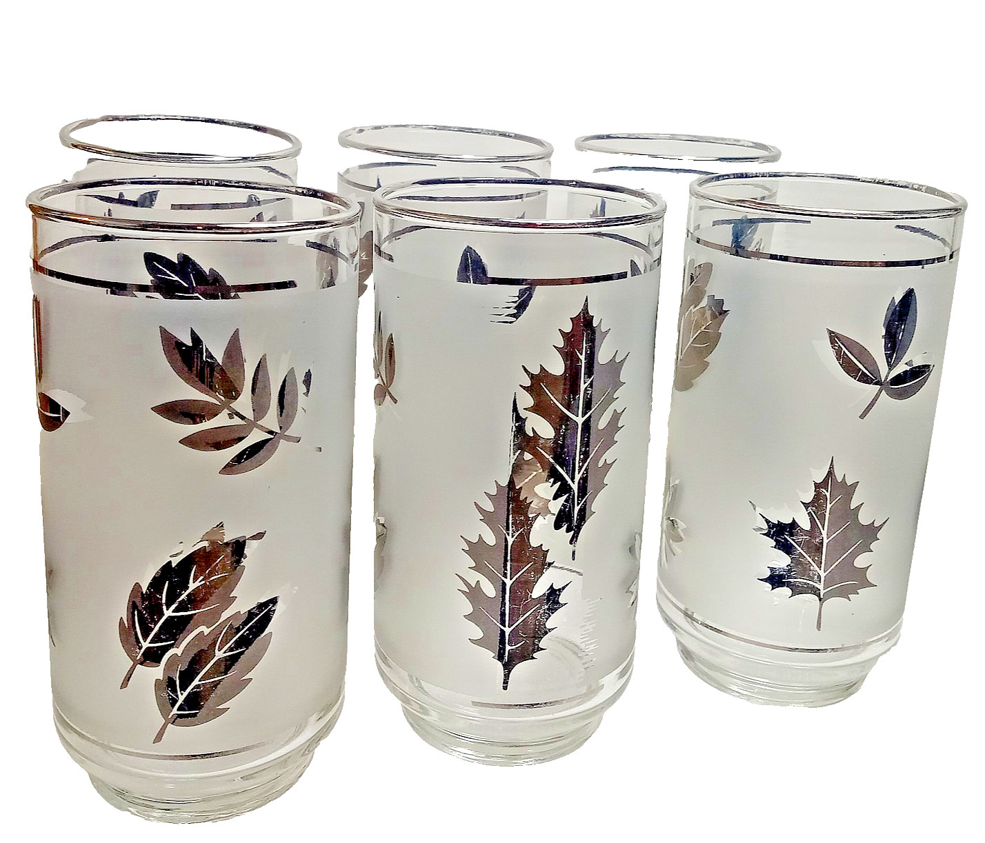 Vintage Libby Frosted Silver Foliage Leaf Drinking Tumbler Glasses 12 oz Set 6