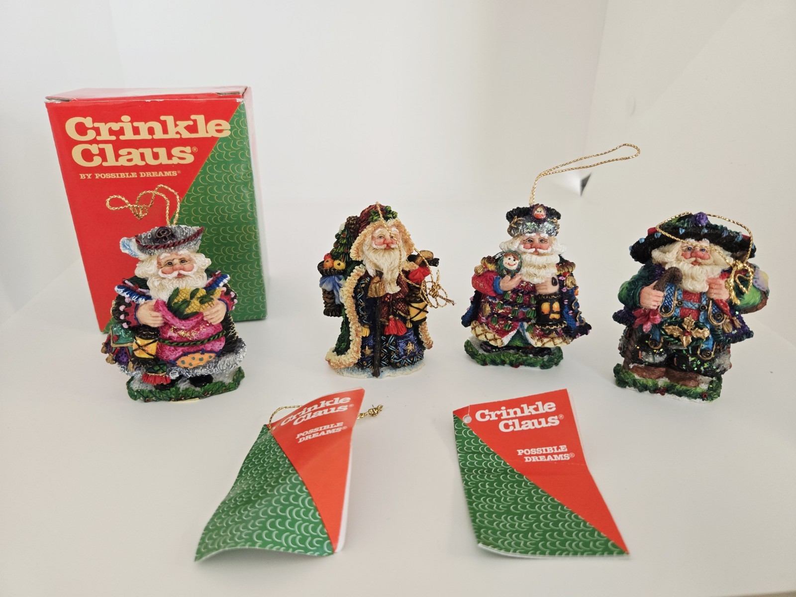 Neat Lot of 4 VTG Crinkle Claus Christmas Ornaments by Possible Dreams