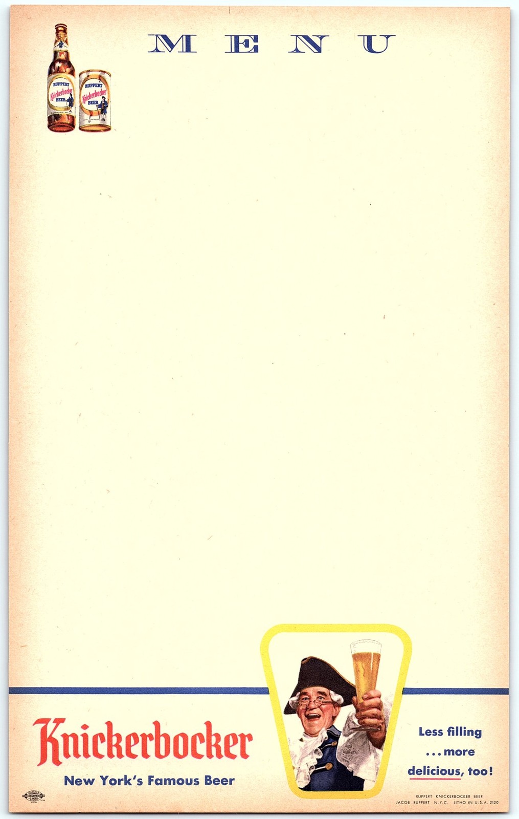 Vintage Knickerbocker Beer Menu, Ruppert N.Y.C.