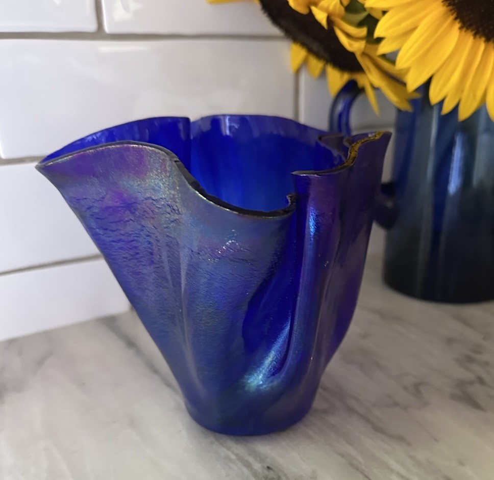 Artisan Iridescent Cobalt Blue Slag Art Glass Handkerchief Folded Vase