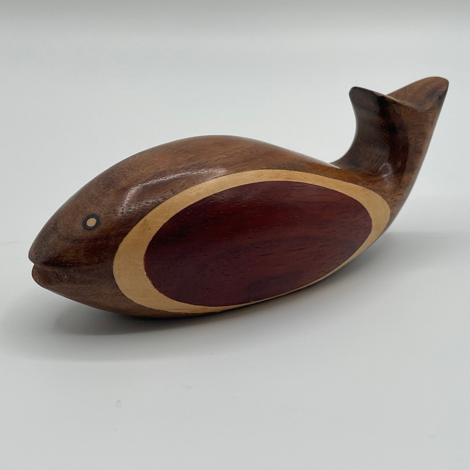 Vintage Hand Carved Inlay Wood Whale Figurine MCM Stylized Sculpture 5.5 Inch