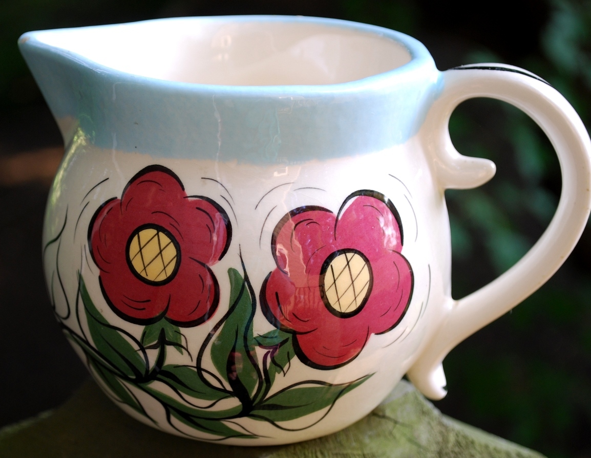 Vintage HAND PAINTED \'It Gives Milk\' FOLK ART FLOWERS Pottery Pitcher MILK JUG