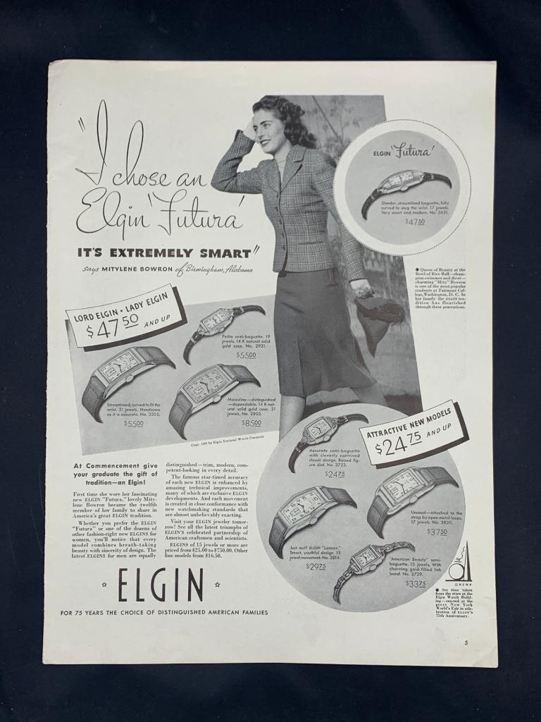Magazine Ad* - 1939 - Elgin Watches - 8 Lady Elgin models shown