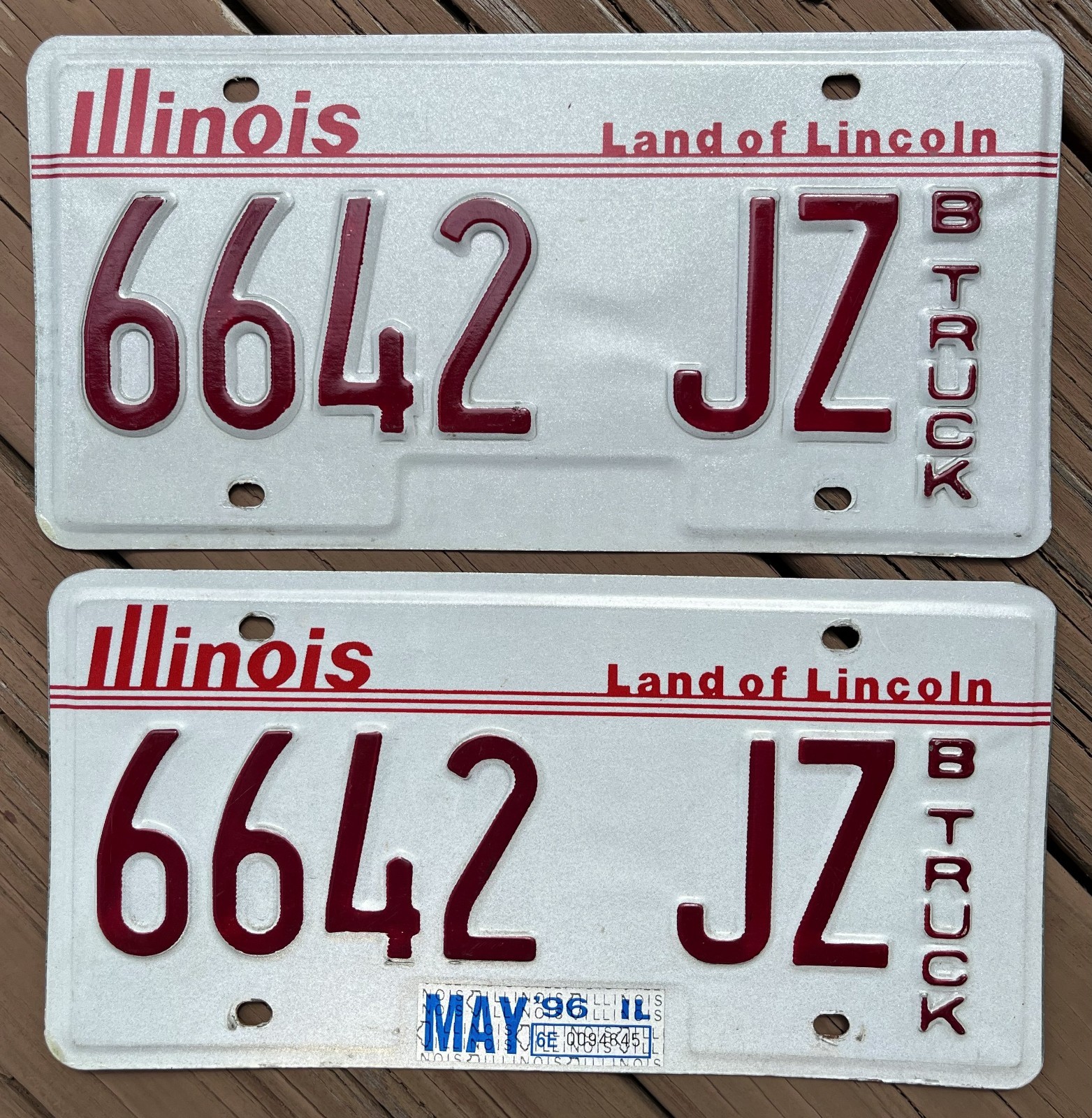 1996 Illinois B Truck License Plates (Pair) With Sticker