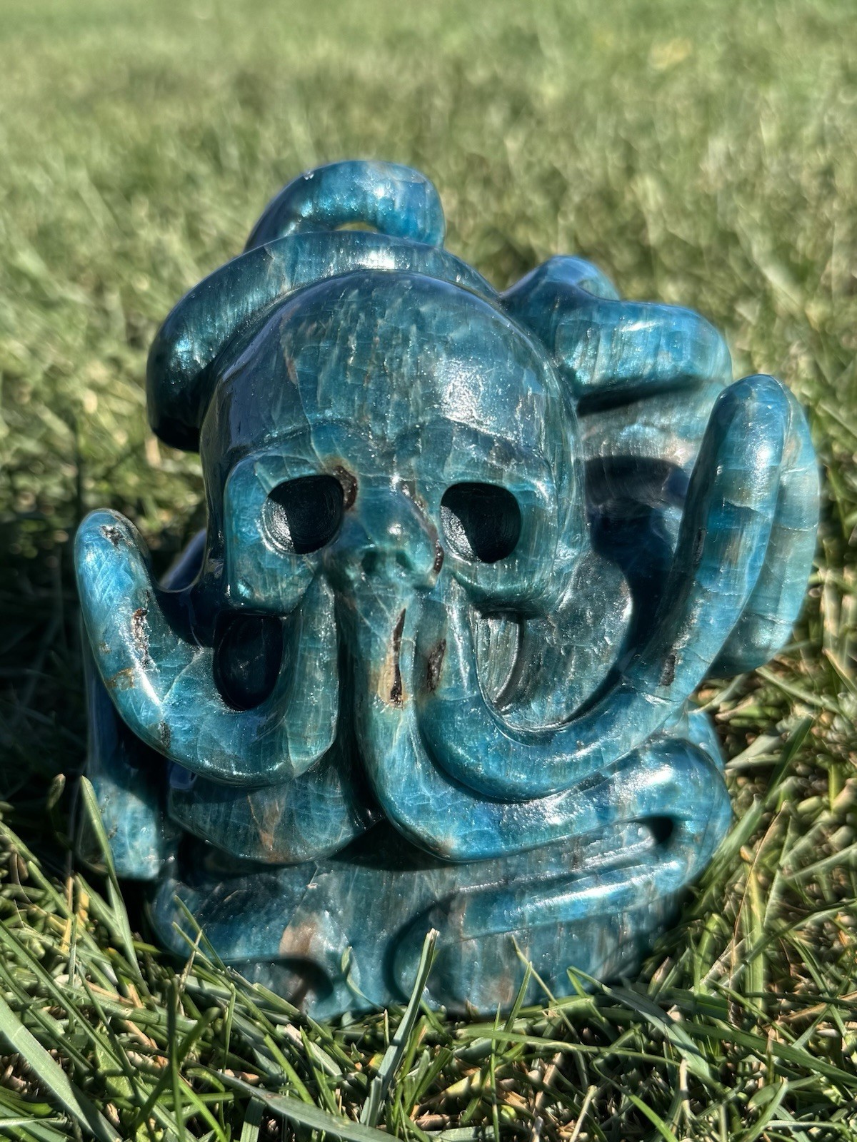 Blue Apatite Crystal  - Cthulhu Carving