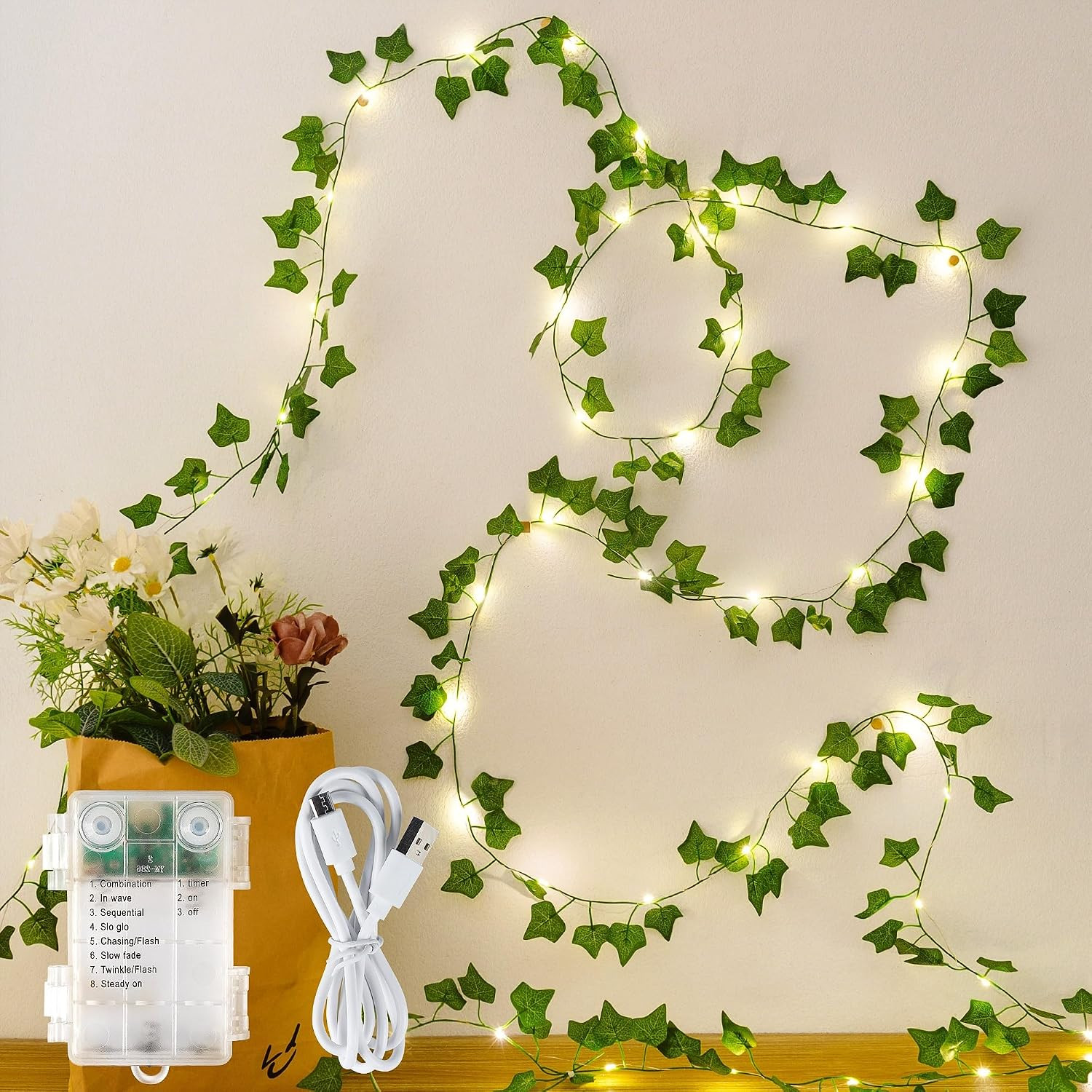 HEYFUNi 23ft Pre-Wrapped Ivy Vine Lights with 73 LEDs, USB or Battery Operated A