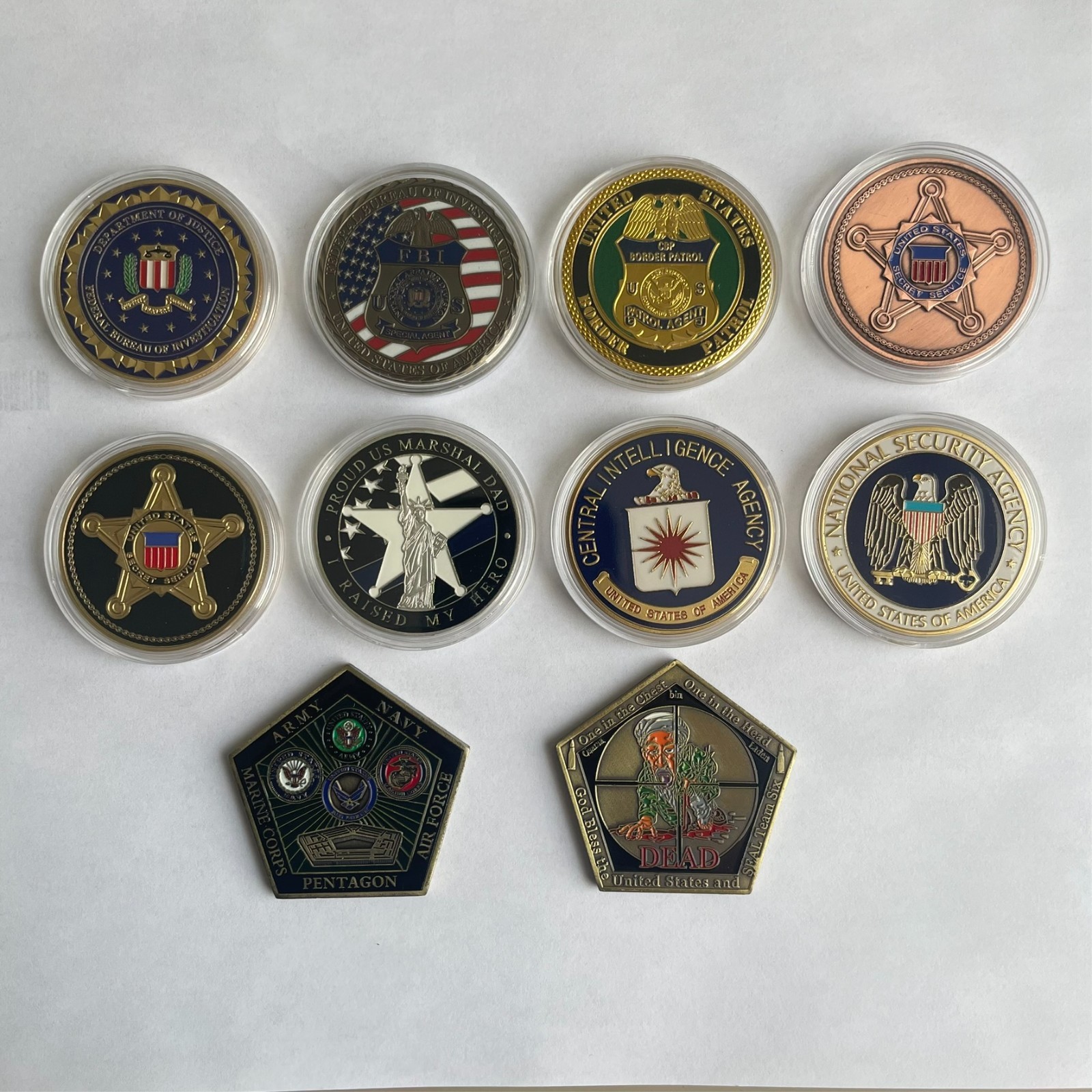 FEDERAL LAW ENFORCEMENT CHALLENGE COIN LOT OF 10 FBI, CIA, NSA, MARSHALS, OSAMA FEDERAL LAW ENFORCEMENT CHALLENGE COIN LOT OF 10 FBI, CIA, NSA, MARSHALS, OSAMA