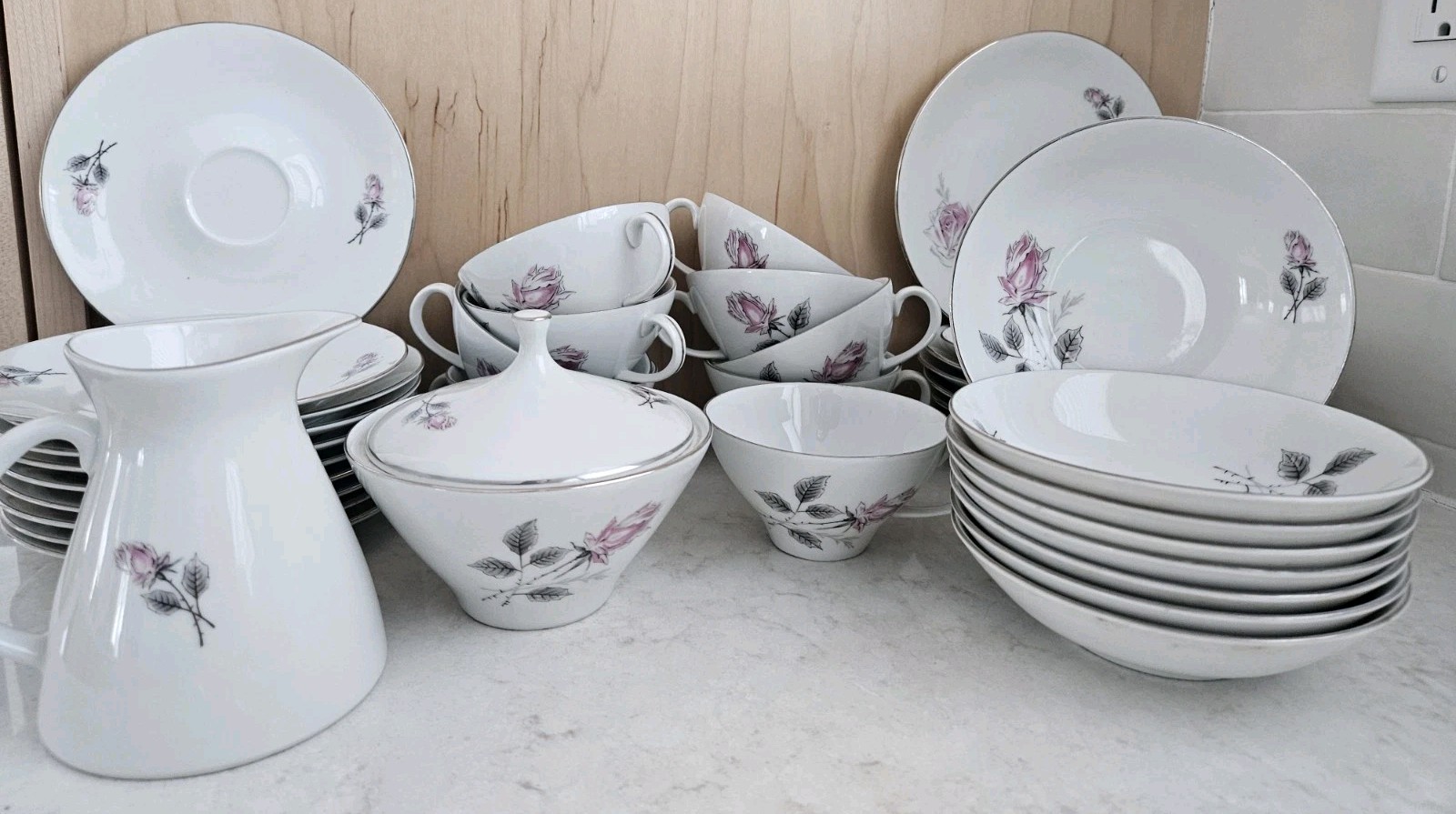 Fine Bohemian China Silver Rose Tea Cup Plates Bowls Creamer Sugar 37 Piece Set 