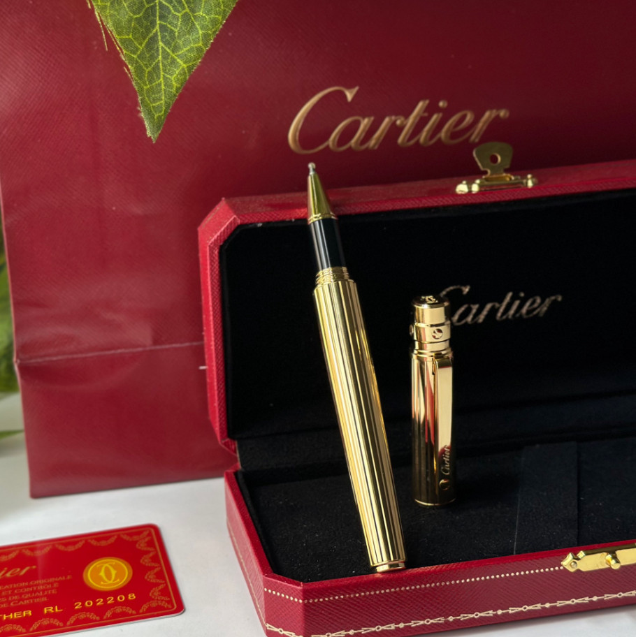 Cartier Santos Rollerball Pen Gold Finish Luxury Writing Instrument New Box