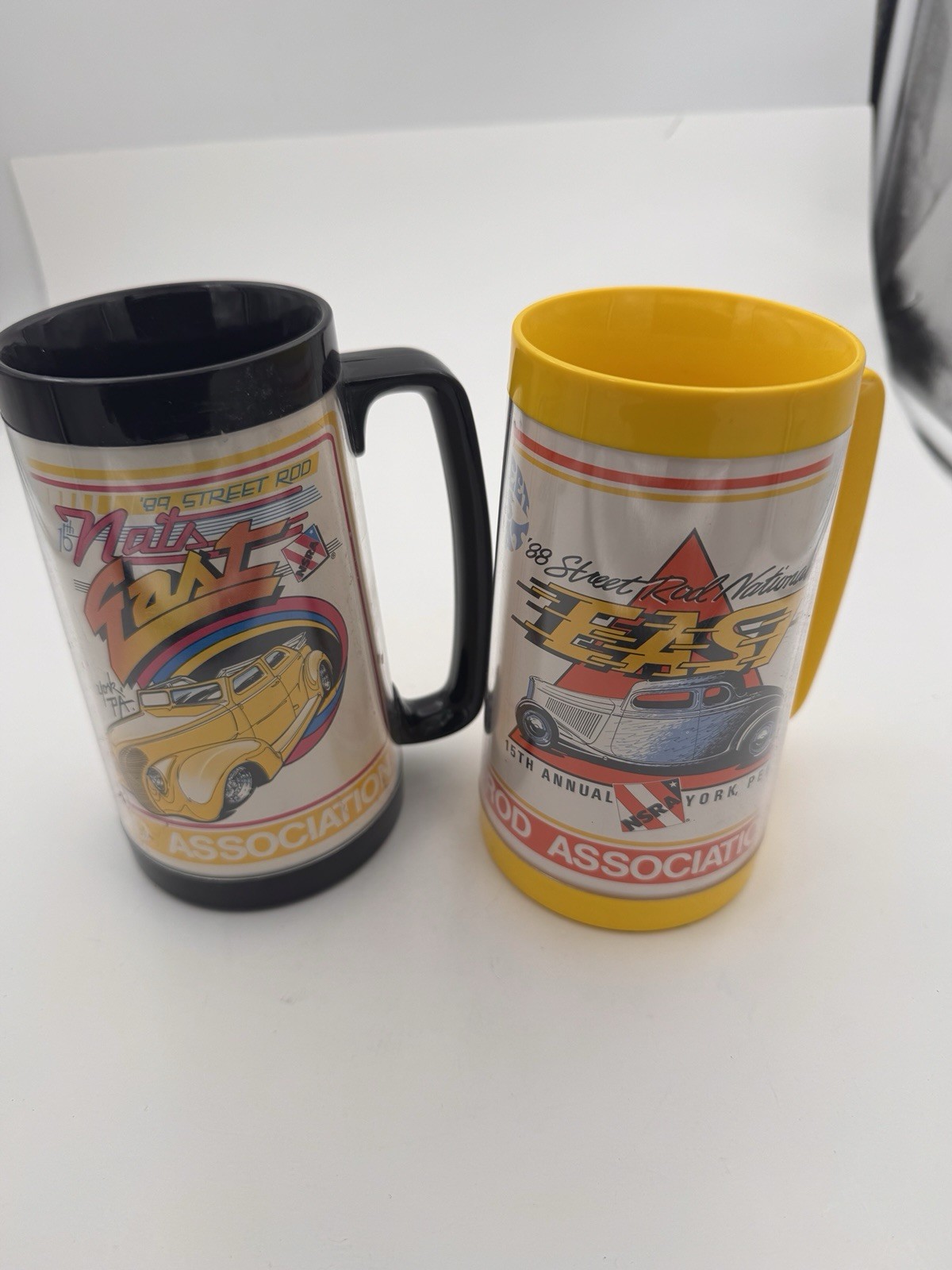 Vintage Hot Rods Mugs Insulated Hot Cold Set Of Two (2) SHIPS FREE IN THE USA