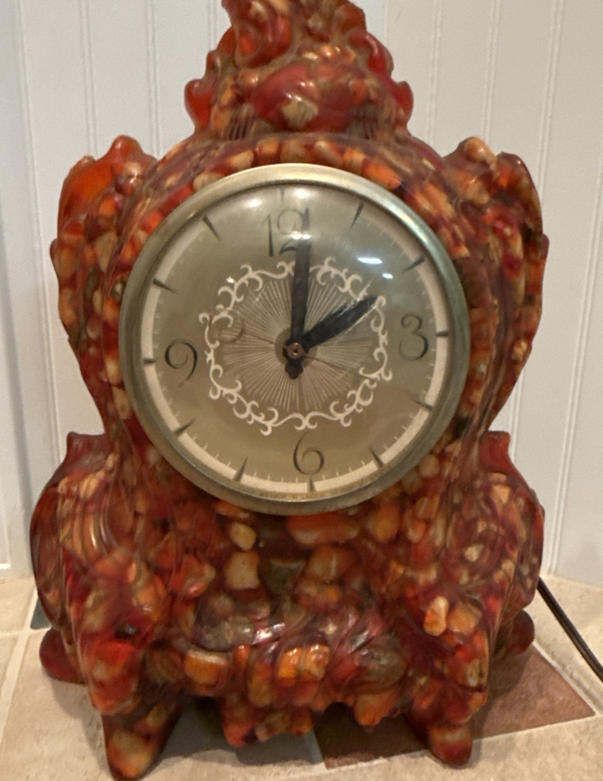 Vintage Lanshire Vomit Clock Embedded Rock Resin Electric Mantel Clock-Working