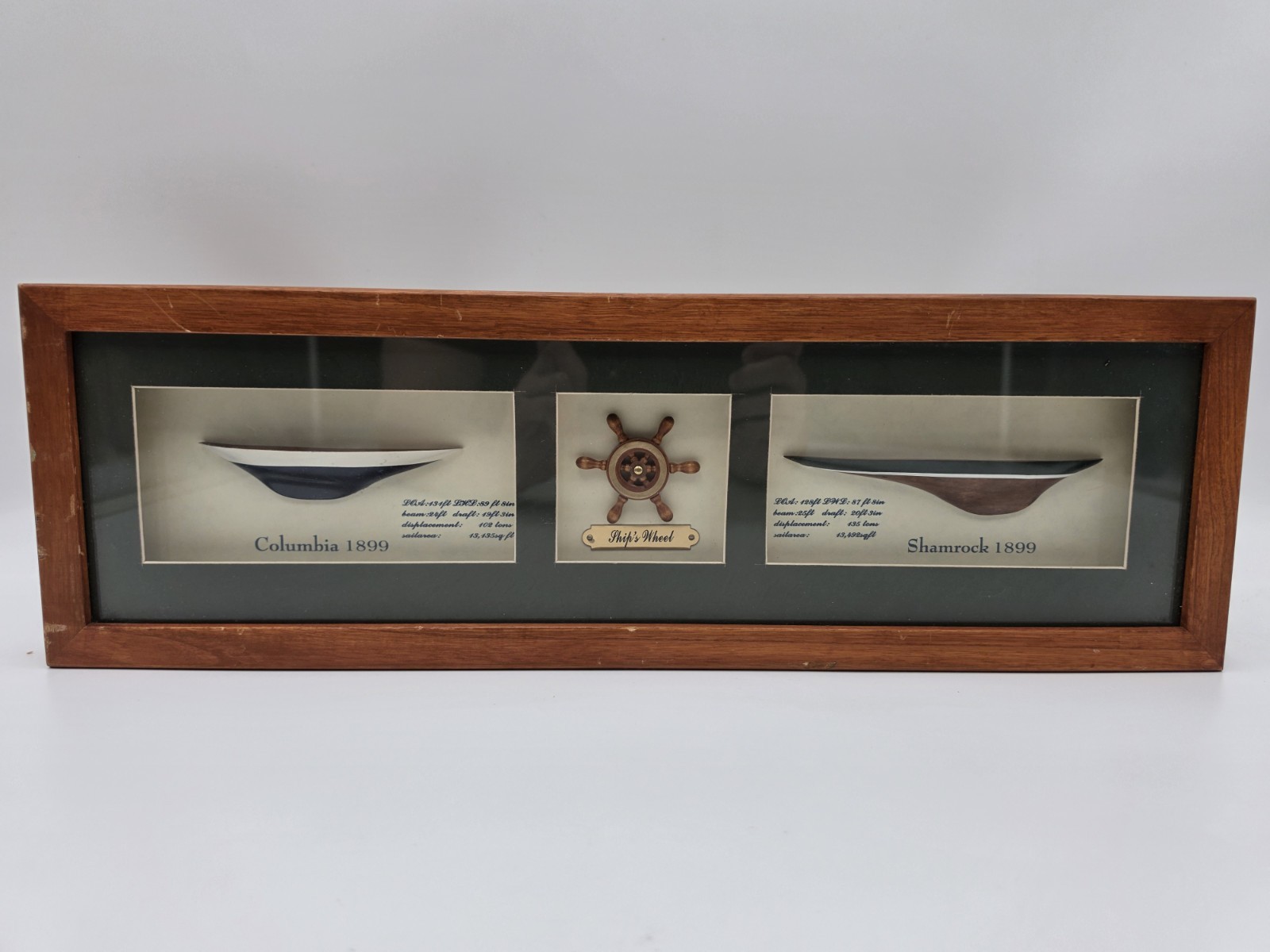 Nautical Shadow Box Columbia 1899 & Shamrock 1899 Hulls & Wheel