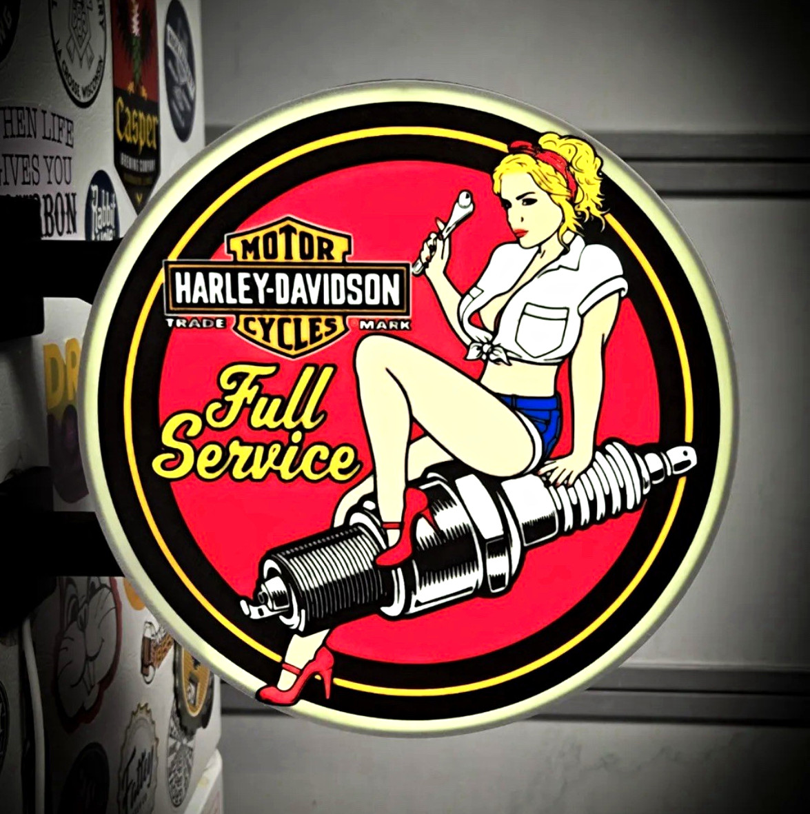 Harley-Davidson Full Service Motor Cycles Pin-Up Spark Plug Round Sign